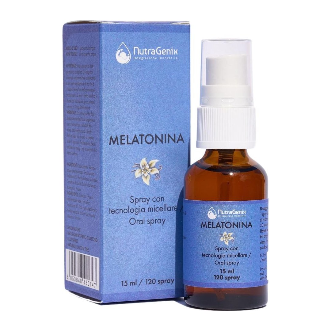 Flacone spray NutraGenix melatonina 1 mg 15 ml con tecnologia micellare aroma vaniglia, integratore riposo Made in Italy