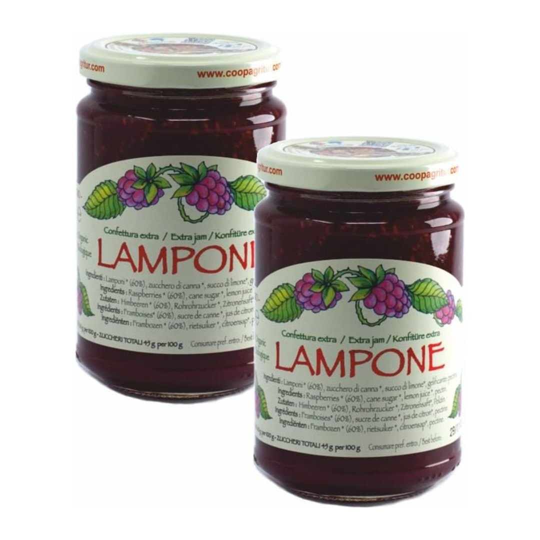 Due barattoli di confettura extra di lampone biologico Agritur 330g, pezzi interi visibili, packaging cartone FSC