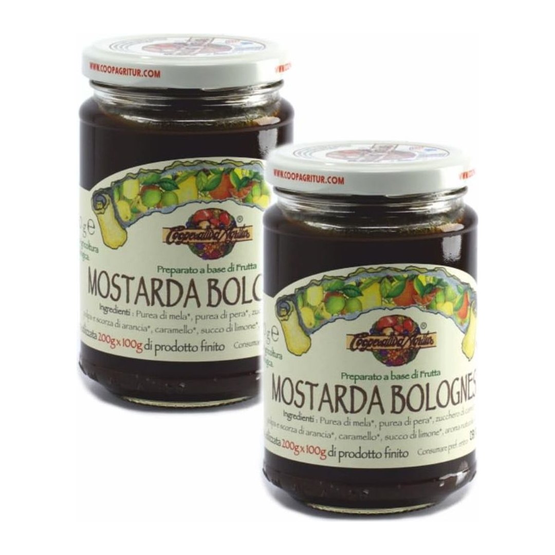 Mostarda Bolognese Bio Agritur confezione doppia, frutta biologica con purea di mela e pera, lavorazione a basse