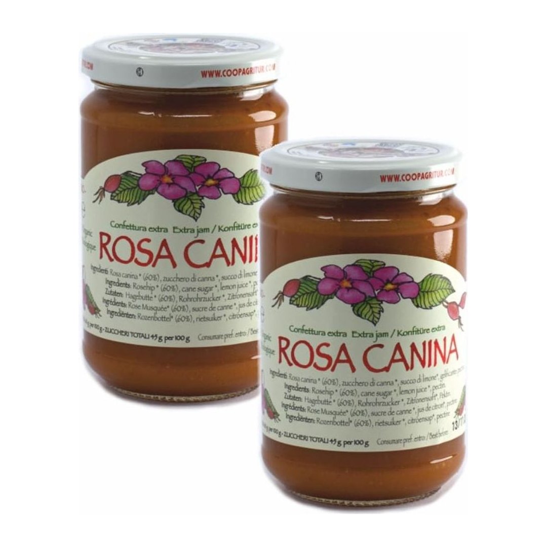 Confettura extra biologica Agritur rosa canina 60% in vasetto da 330g con etichetta sostenibile in carta