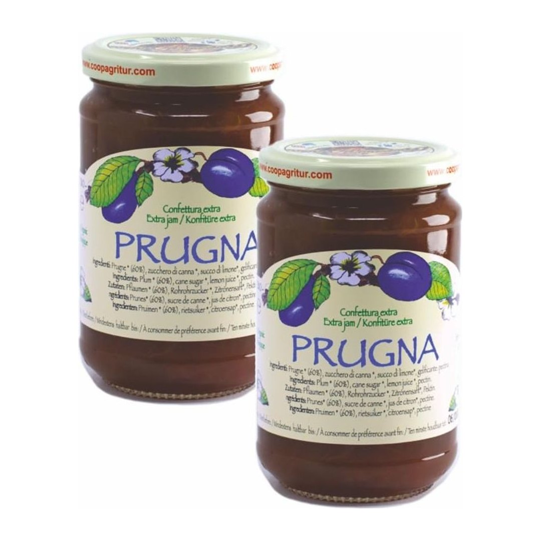 Confettura biologica di prugna Agritur in confezione doppia da 330g, con pezzi di frutta interi visibili nel vasetto