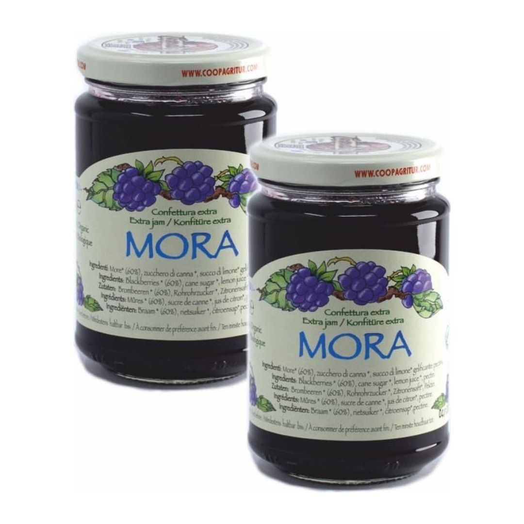 Confettura extra biologica di mora Agritur in doppia confezione da 330g, con pezzi interi di frutta, packaging in