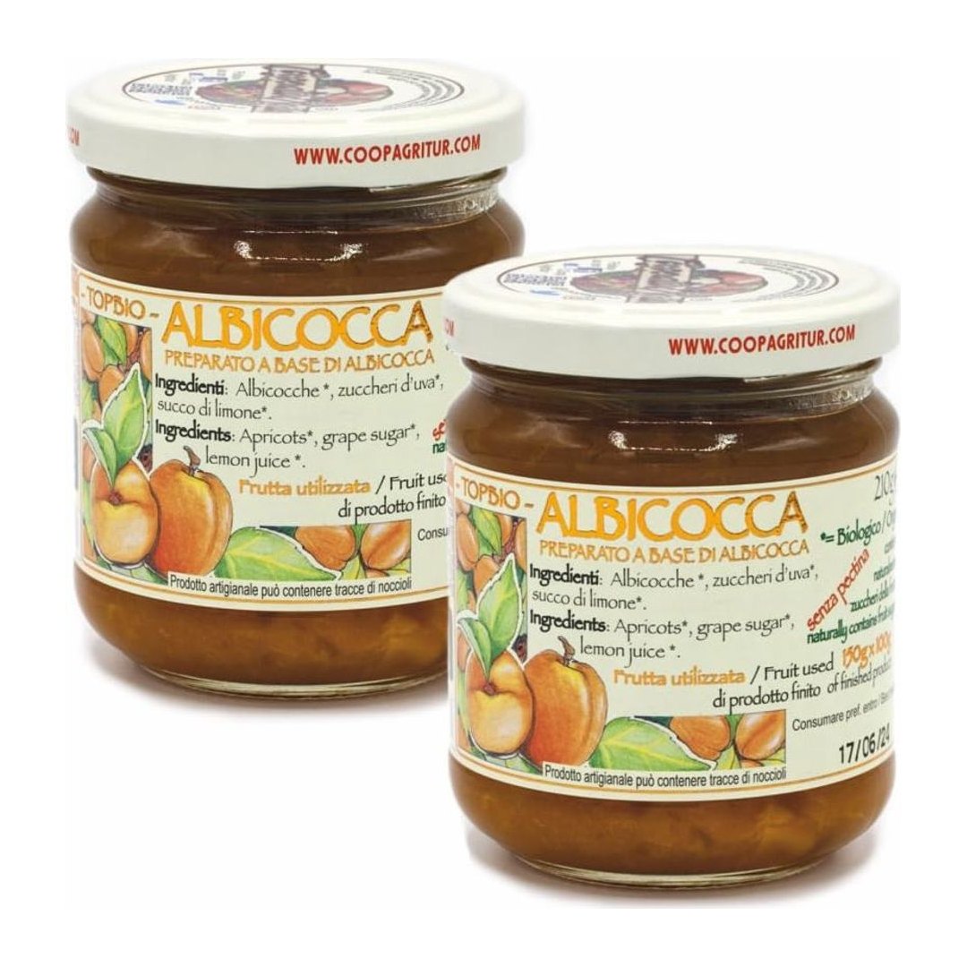 Confezione Agritur composta di albicocca biologica 2x210g su carta FSC, ricetta essenziale senza additivi