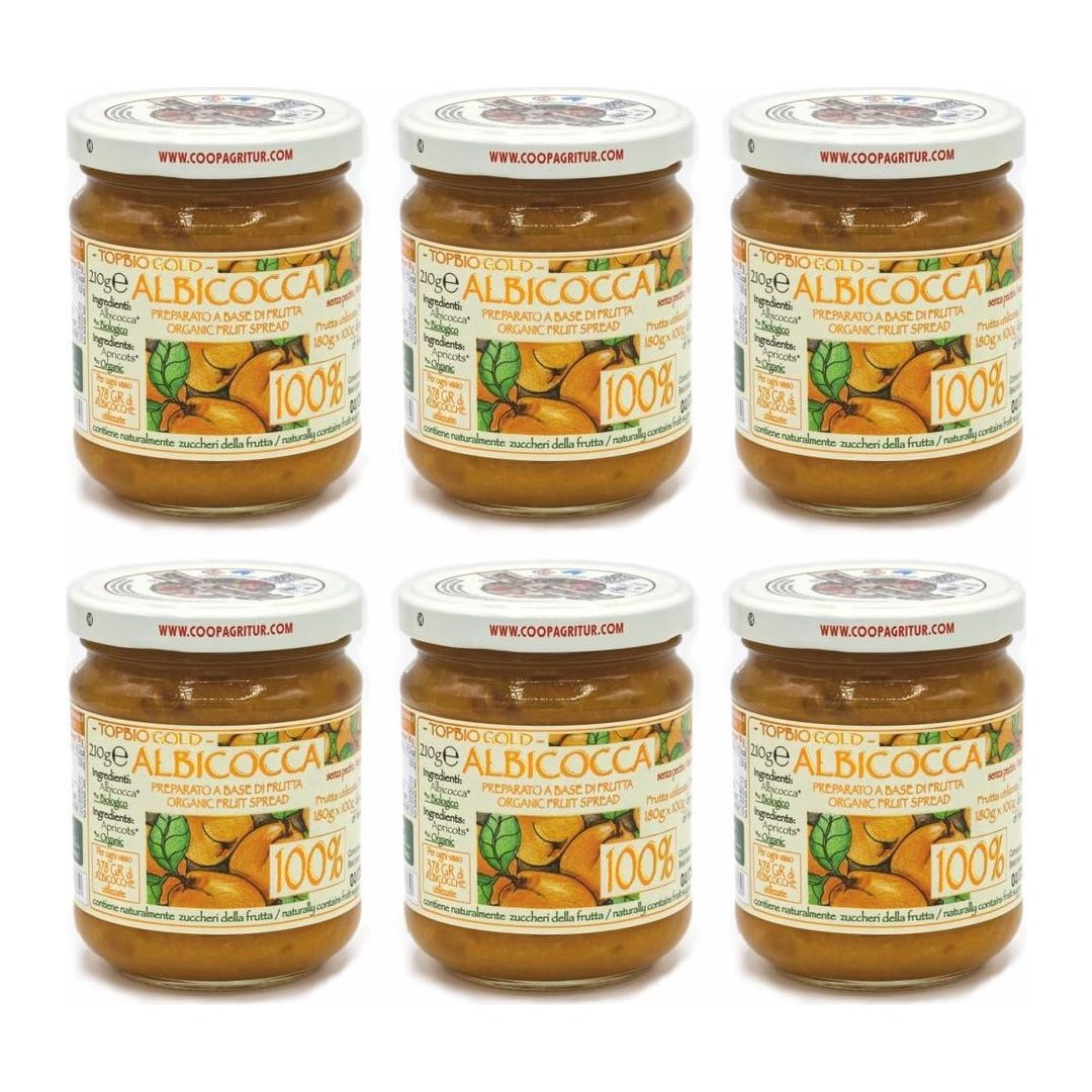 Composta di albicocca biologica Agritur in vasetto di vetro, confezione da 6 pezzi da 210g su sfondo bianco