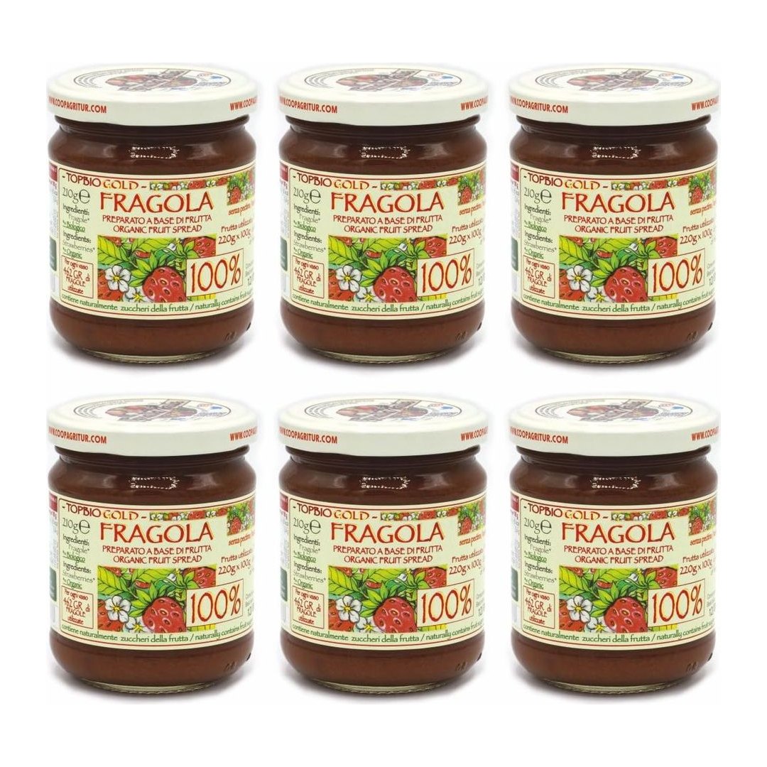 Composta di fragola biologica Agritur in confezione da 6 vasetti da 210 grammi, packaging carta certificata FSC
