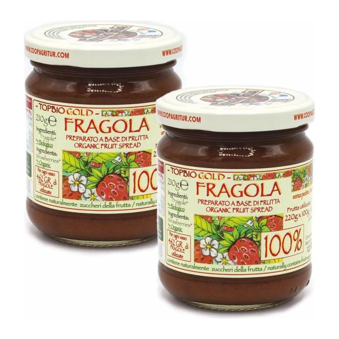 Confezione Agritur composta fragola biologica 2x210g, barattoli vetro con etichetta carta FSC