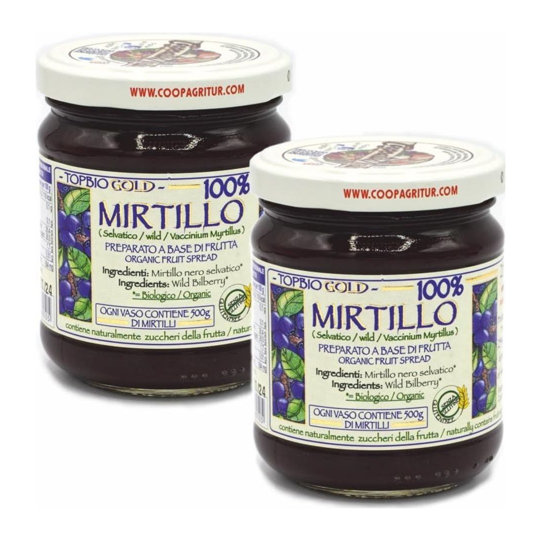 Composta di mirtillo biologica Agritur 2x210g in vasetti di vetro con etichetta bianca, confezione cartone FSC