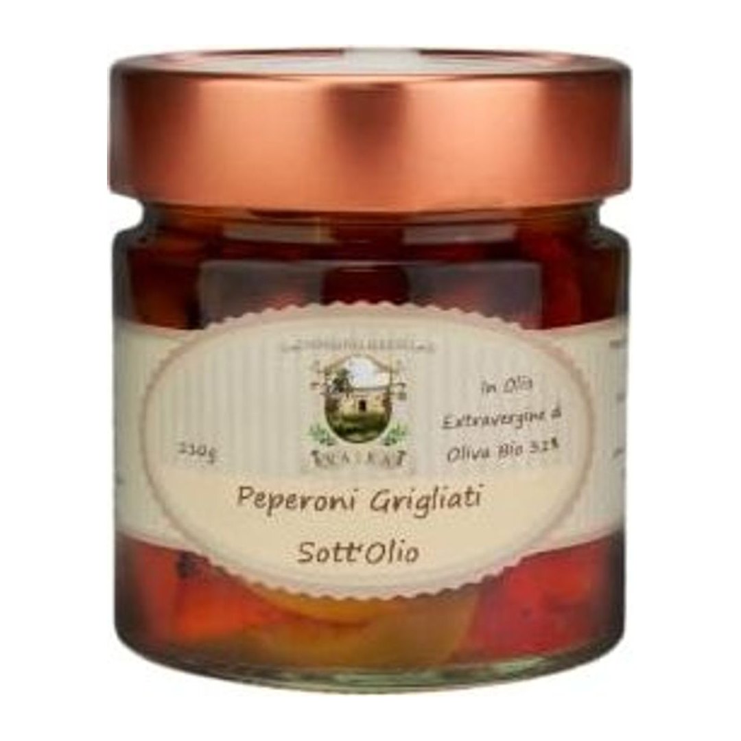 Barattolo di vetro con peperoni grigliati multicolore sott'olio biologico da Cooperativa Agricola Vaira, 210 grammi