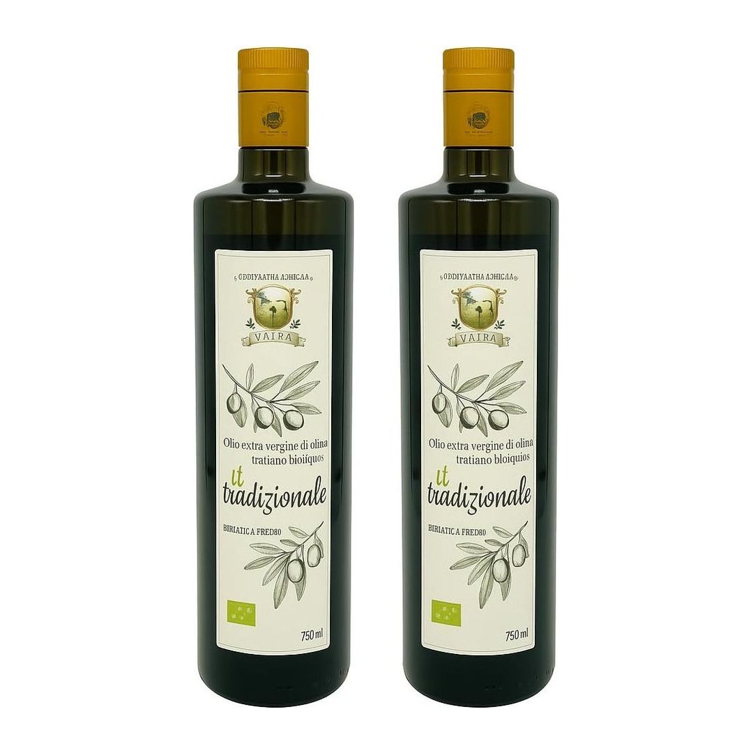 Due bottiglie di olio extravergine di oliva biologico Ogliarola Garganica in vetro scuro da 750 ml della Cooperativa