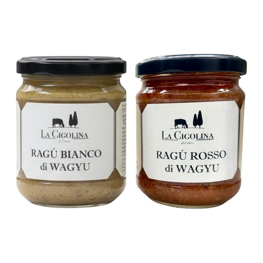 Confezione di Ragù Rosso & Bianco La Cigolina con carne Wagyu italiano, due vasetti da 190g, su sfondo chiaro