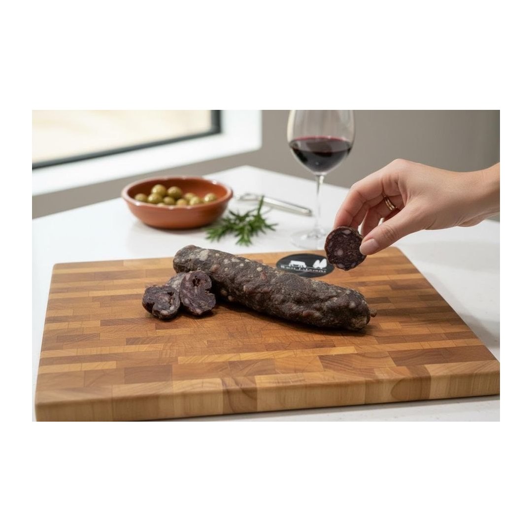 Salame Piccante Wagyu 100% italiano La Cigolina affettato, marezzatura intramuscolare visibile, formato 120g