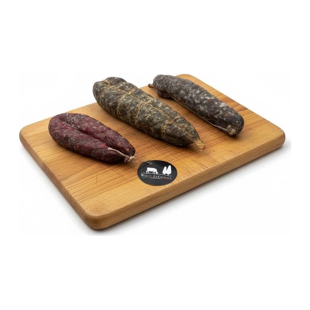 Tris di salami La Cigolina: wagyu marezzato, frisona stagionata e piccante in confezione da 800 grammi