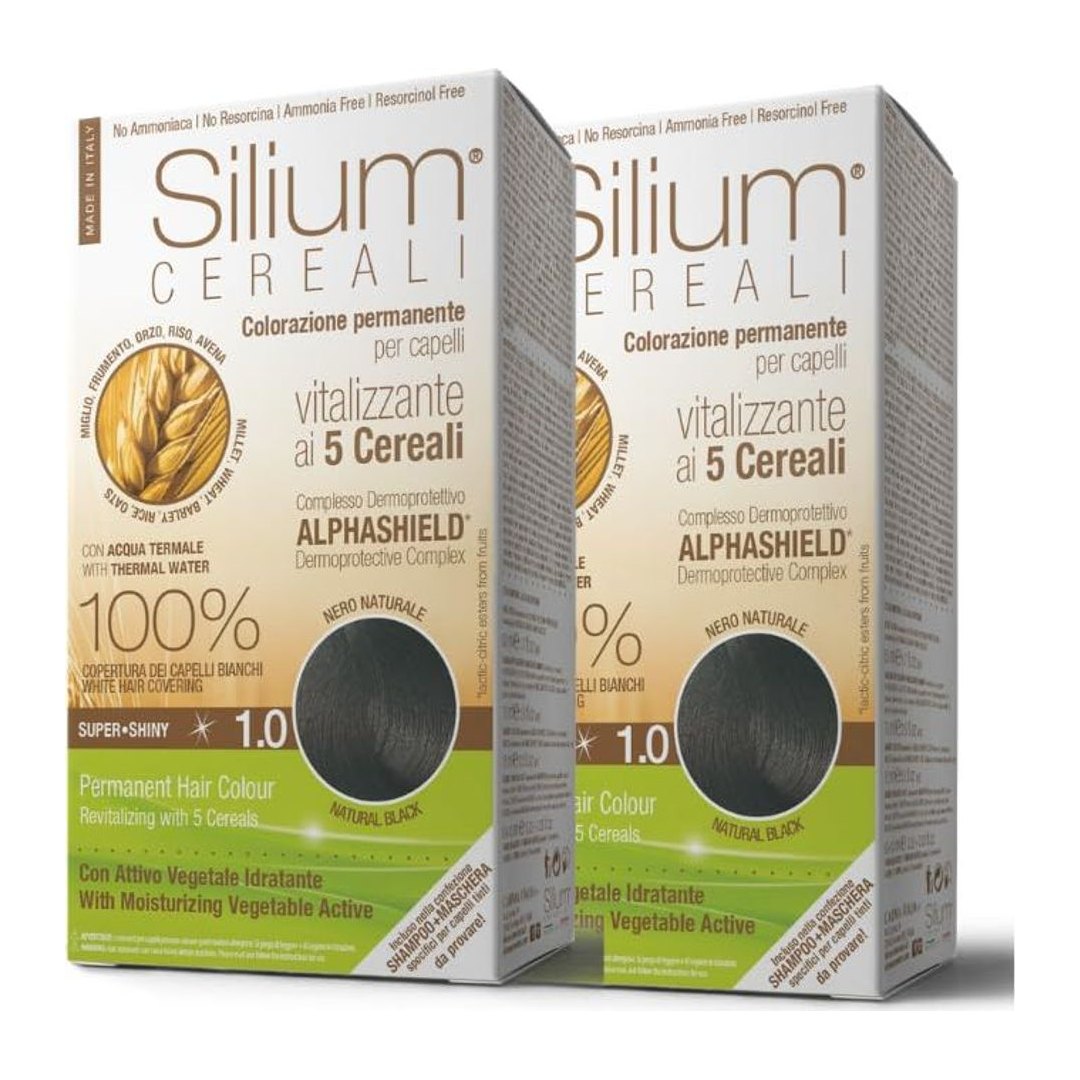 Confezione doppia tinta permanente Silium 1.0 nero naturale con 5 cereali e flacone applicatore