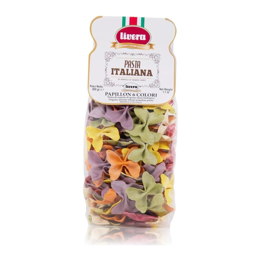 Pasta Papillon Livera 6 colori da semola di grano duro con barbabietola spinaci carota nera, confezione da 500 grammi