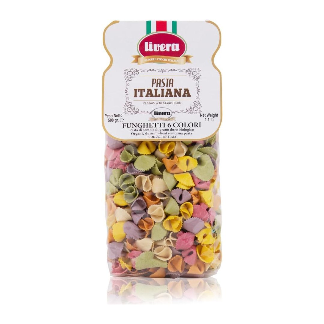 Pasta artigianale Livera Funghetti colorata con sei colori naturali, formato 500g da Spinazzola Puglia