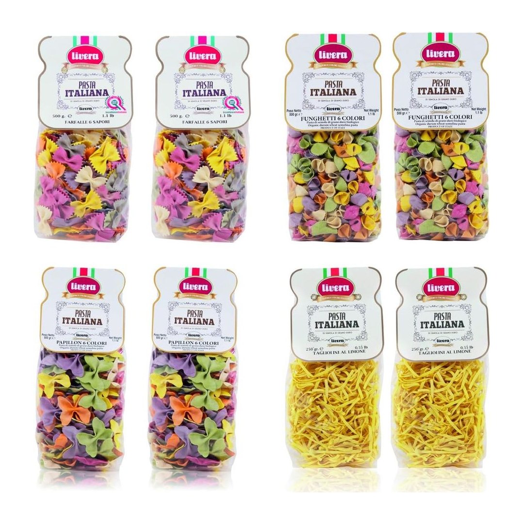 Confezione mista di pasta artigianale Livera con formati assortiti trafilati al bronzo e aromi naturali italiani
