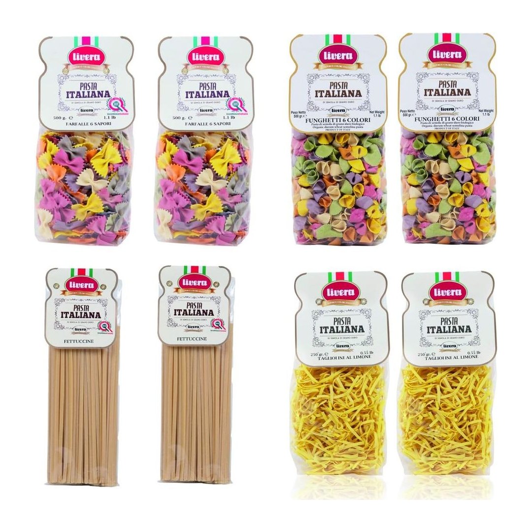 Kit assaggio pasta LIVERA con sei formati artigianali trafilati al bronzo in scatola multicolore, confezione 4,5 kg