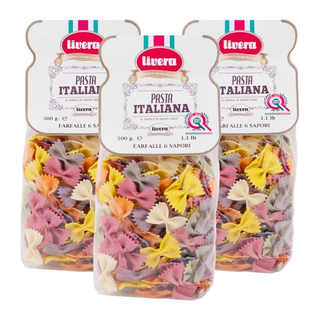 Farfalle artigianali colorate Livera con 6 sapori naturali: barbabietola, curcuma, spinaci, carota nera, peperoncino in