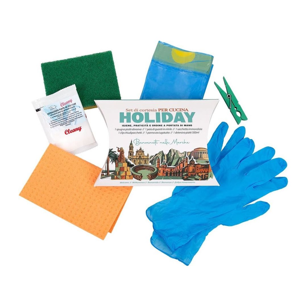 Kit cortesia pulizia cucina La Dupla da 10 pezzi con scatola decorata Marche e 6 prodotti italiani per case vacanze
